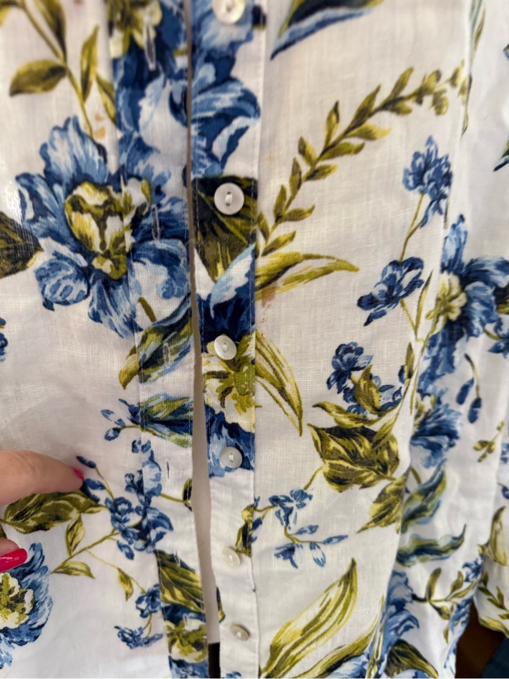 Joie White Floral Button-Up 💯 Linen Blouse with Blue and Green Print Size 1x - Picture 5 of 7